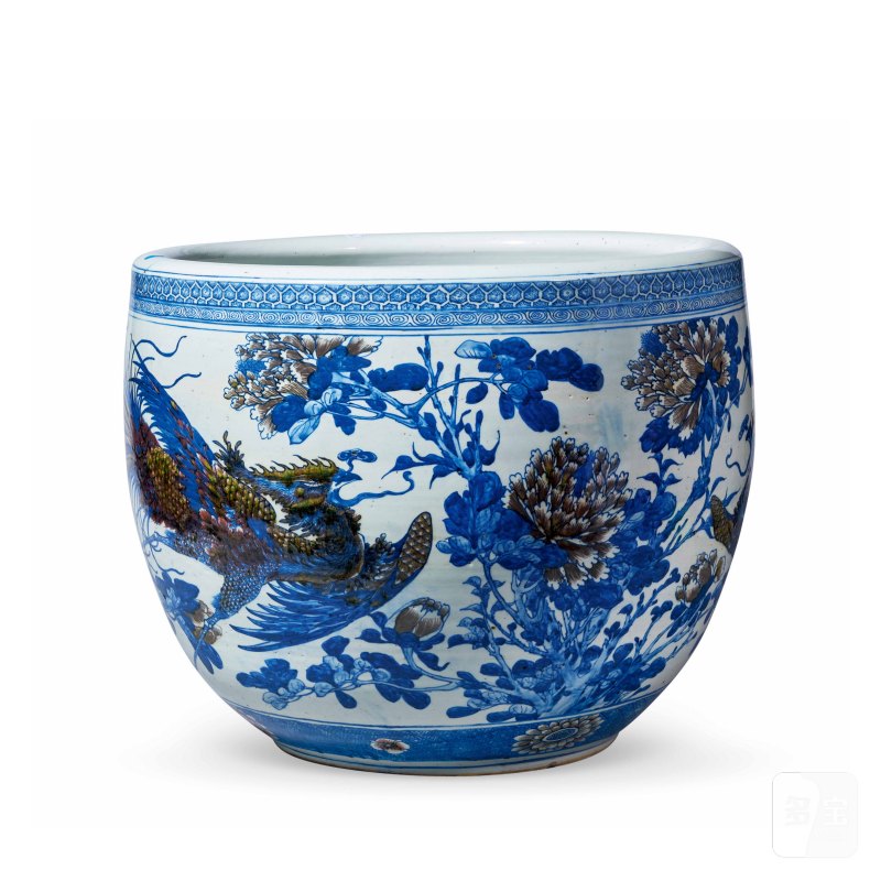 清中期 青花釉里红牡丹锦鸡图大缸